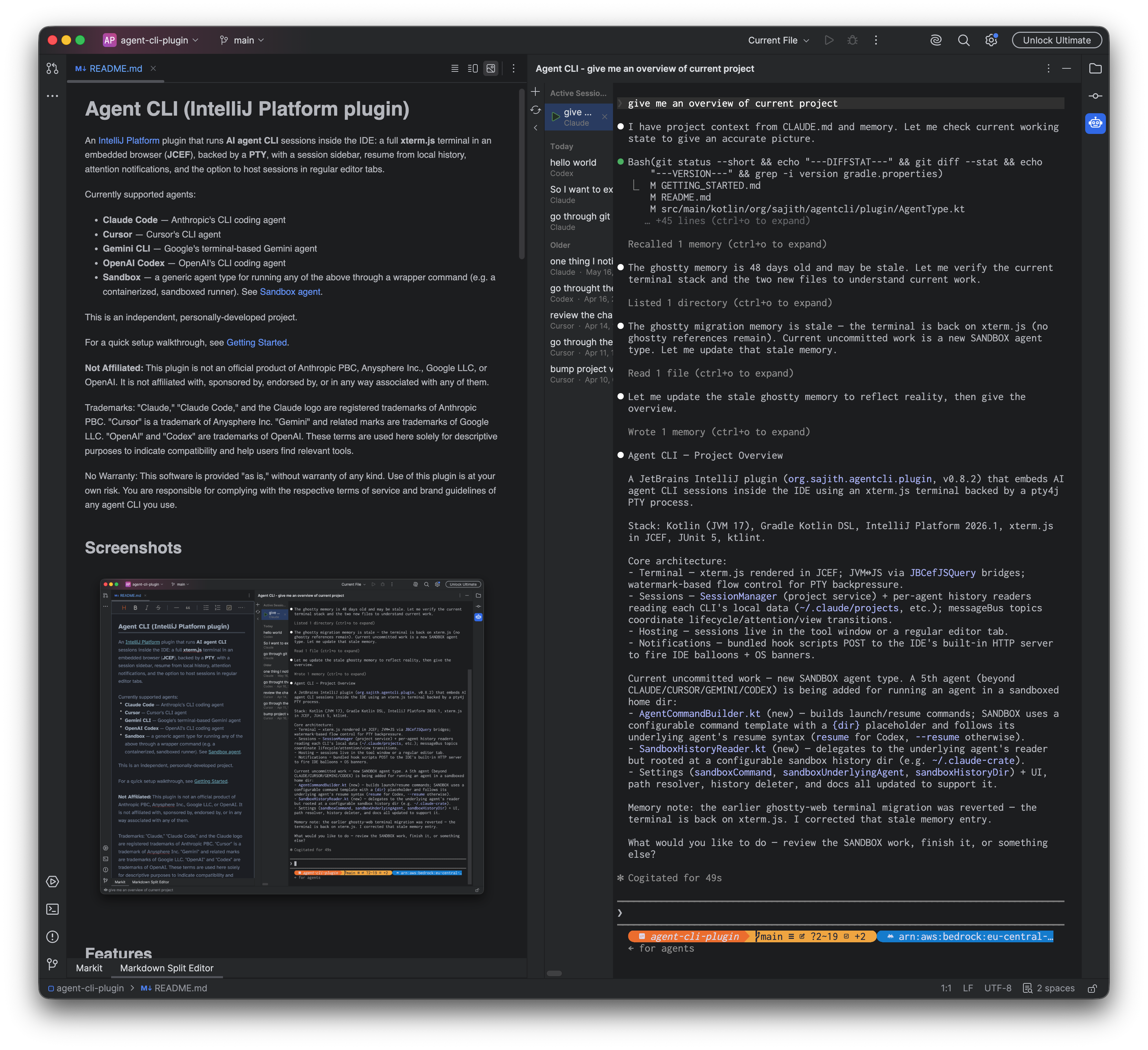 agent-cli-plugin rendering a Claude Code session inside PyCharm